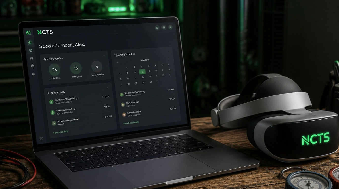 NC Trade School branded laptop and VR headset on a workbench